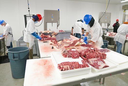 Workers in a meat processing facility wearing safety gear and cutting meat indoors.